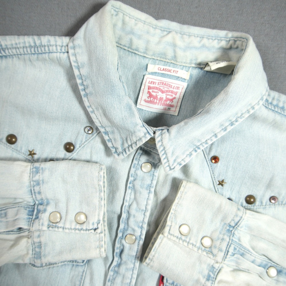 Levi's Rhinestone Studded Western Cowgirl Rodeo Pearl Snap Women Shirt XS Fade